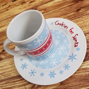 Cookies For Santa Snowflake Mug and Plate Set Blue Christmas Holiday Eve Ceramic
